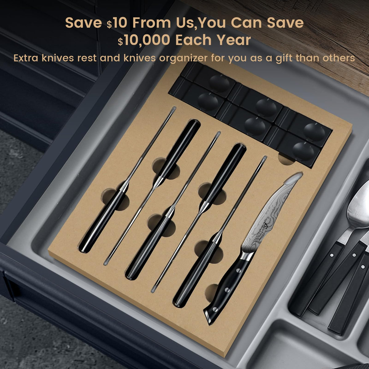 CoquusAid steak knives fit stylishly into any dinner party table setting.