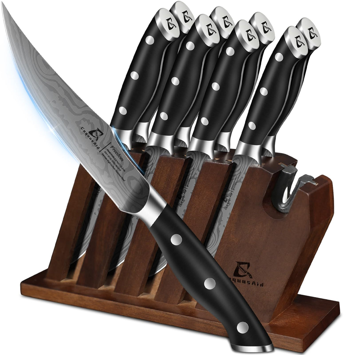 CoquusAid steak knives in a block offer quick access for precise slicing at dinner.