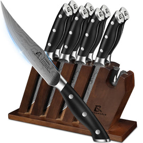 CoquusAid steak knives in a block offer quick access for precise slicing at dinner.