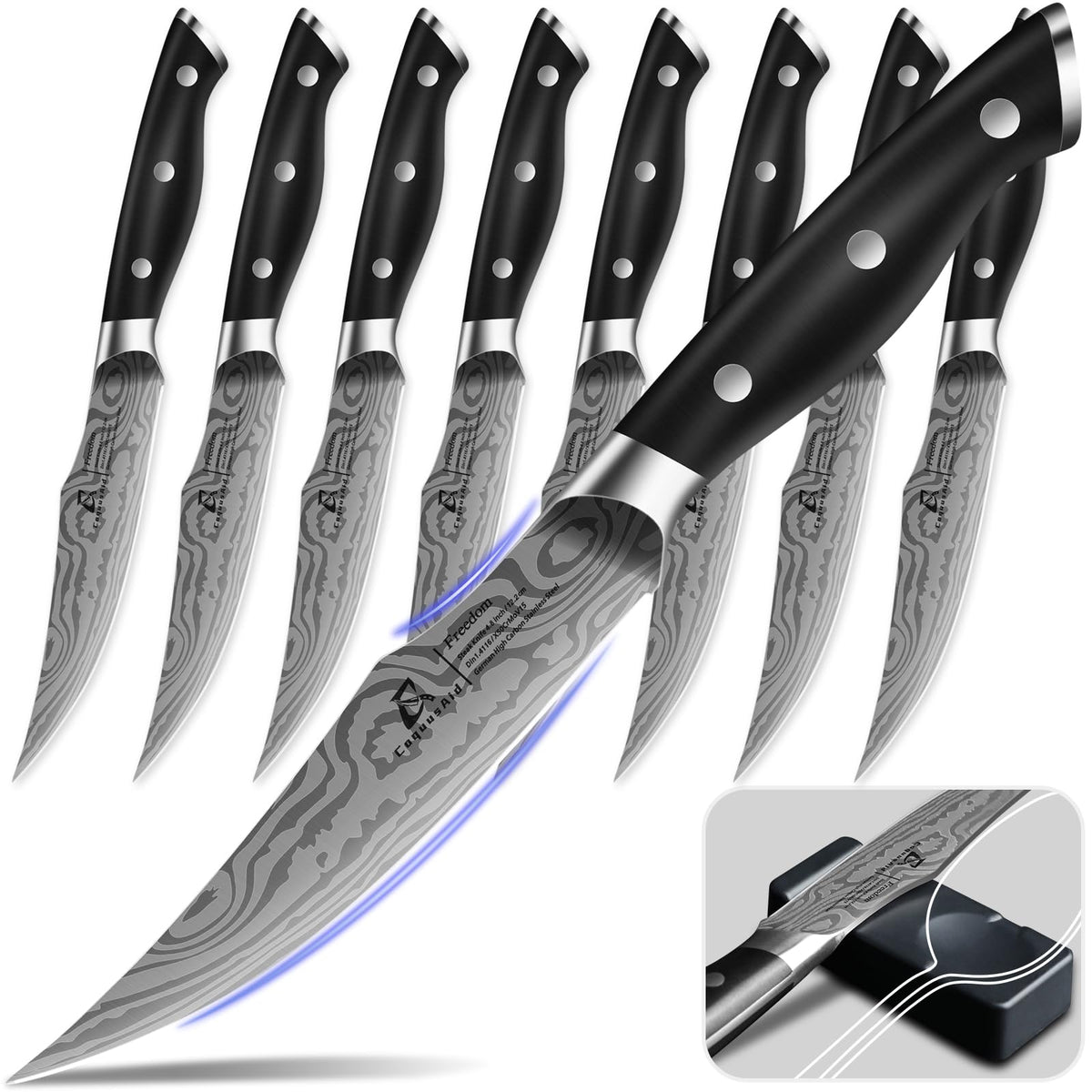 CoquusAid steak knives with Damascus blade for clean, effortless meat cuts.