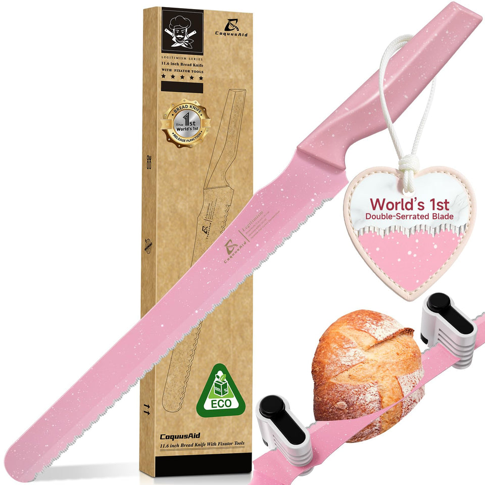 CoquusAid upgrade bread knife with double-serrated edge for crust cuts