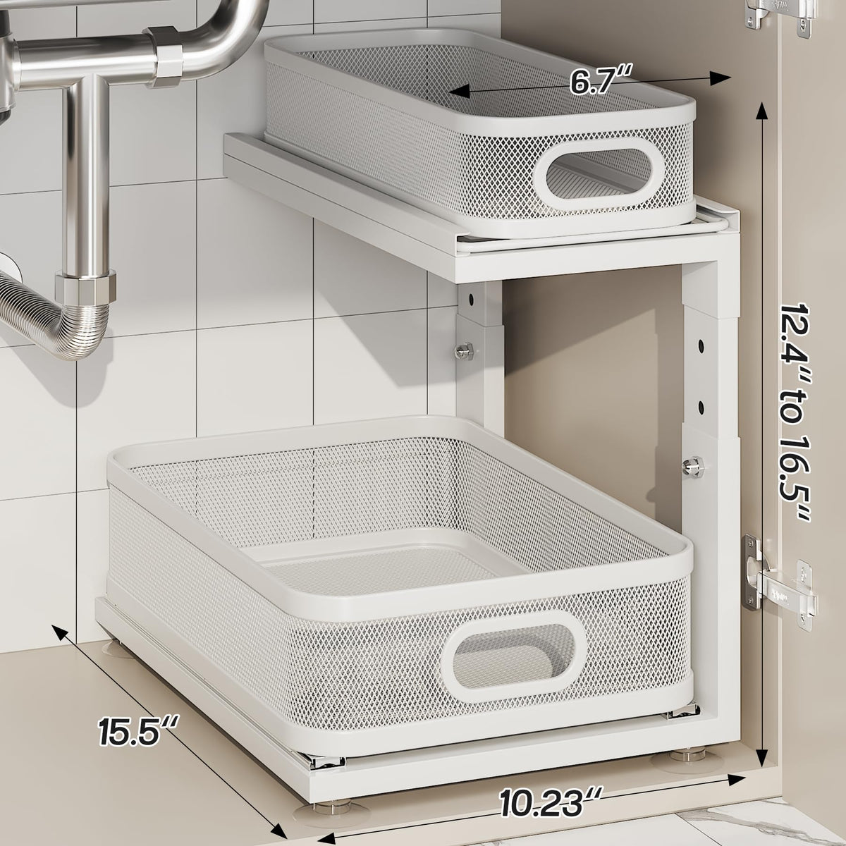 Corbyles two-tier pull-out drawers reveal back items without bending.