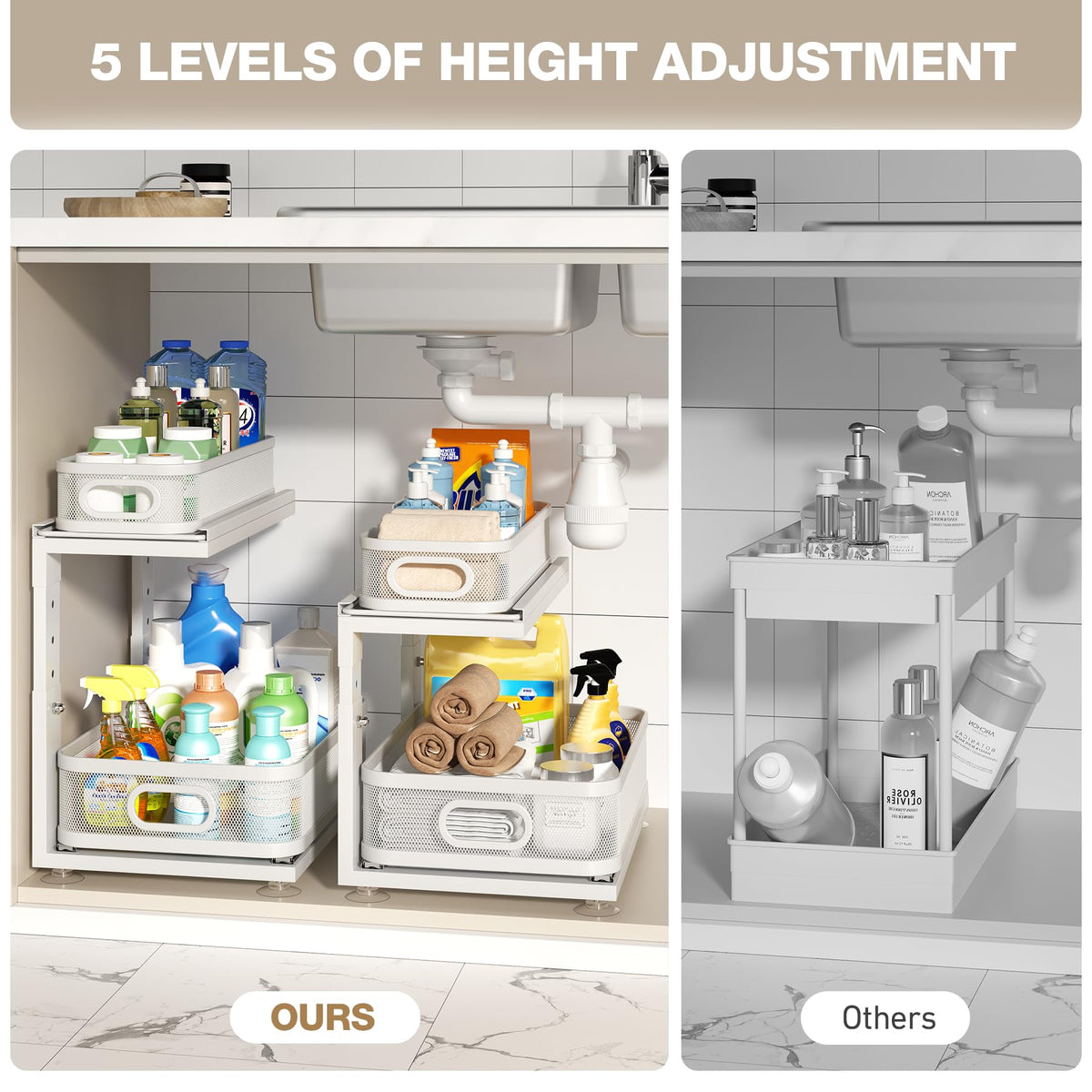Corbyles two-tier system maximizes space while keeping items organized.