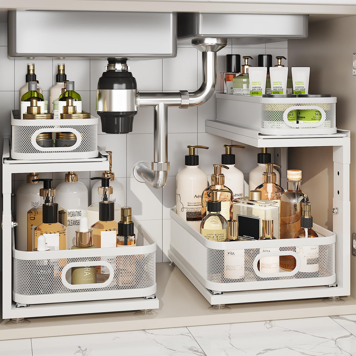 Corbyles under-sink organizer with ball-bearing slides keeps heavy bottles easy to reach.