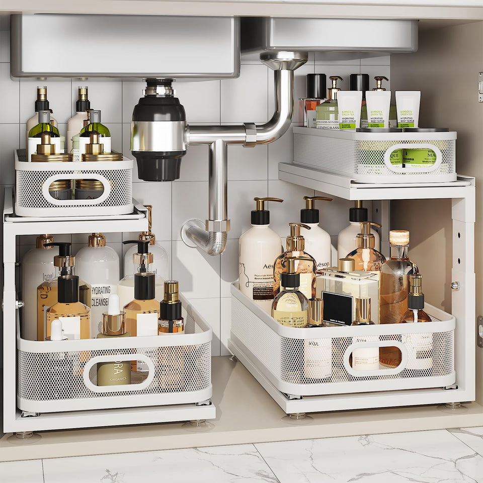 Corbyles under-sink organizer with ball-bearing slides keeps heavy bottles easy to reach.