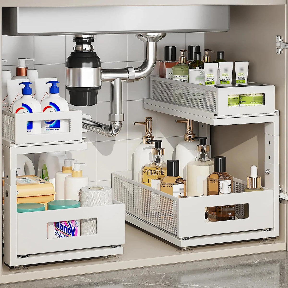 Corbyles under-sink organizer with smooth slides keeps bottles accessible
