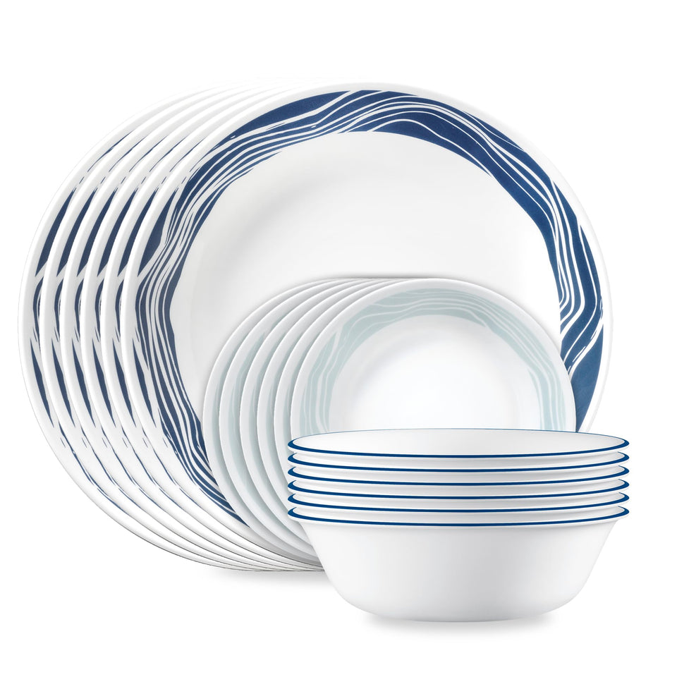 Corelle Acadia dinner plates with blue marbled bands, lightweight and stackable for easy storage.