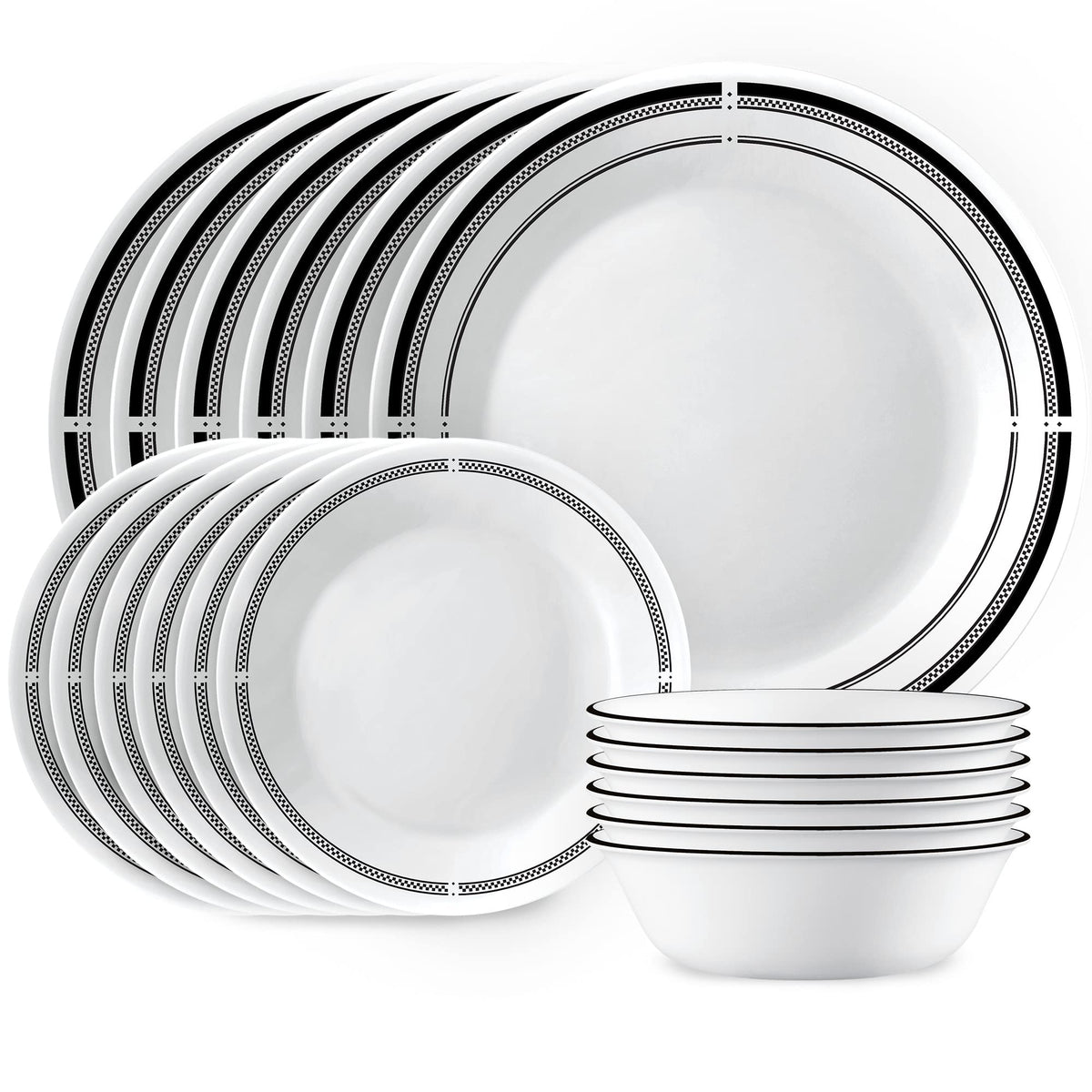 Corelle Brasserie dinner plate with black rim for everyday meals and easy stacking.