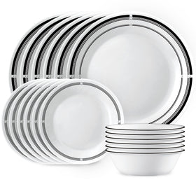 Corelle Brasserie dinner plate with black rim for everyday meals and easy stacking.