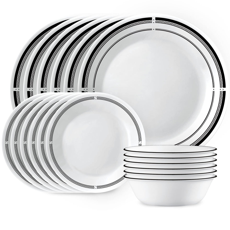 Corelle Brasserie dinner plate with black rim for everyday meals and easy stacking.