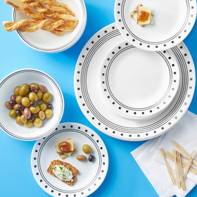 Corelle City Block soup bowl showing 18-ounce capacity and durable construction.