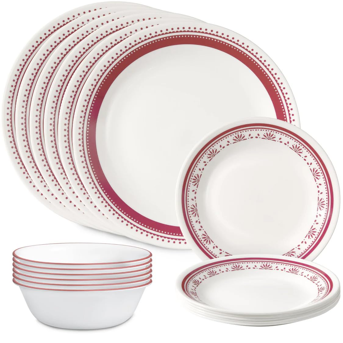 Corelle Everyday Sadie 18-piece set in raspberry pattern, showcasing durable Vitrelle glass.