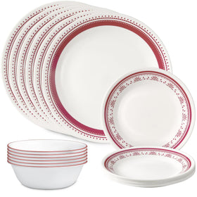 Corelle Everyday Sadie 18-piece set in raspberry pattern, showcasing durable Vitrelle glass.