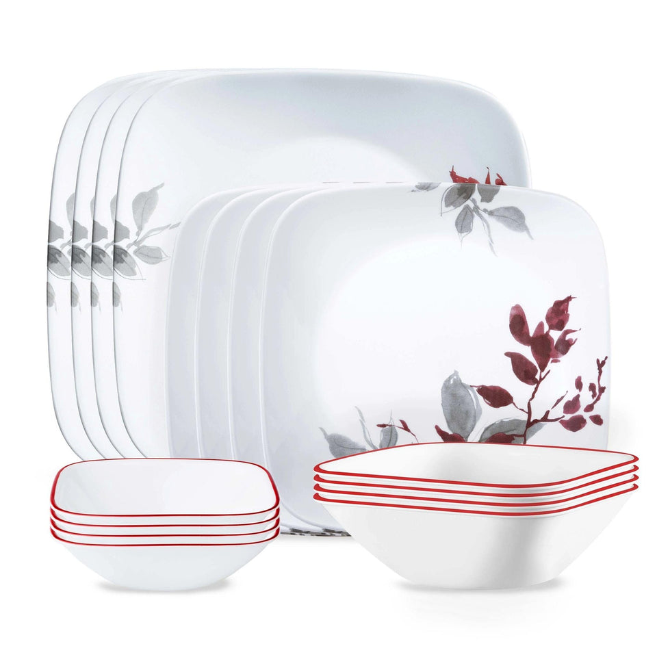 Corelle Kyoto Leaves dinner plates shown in a set for daily meals with a durable Vitrelle glass finish.