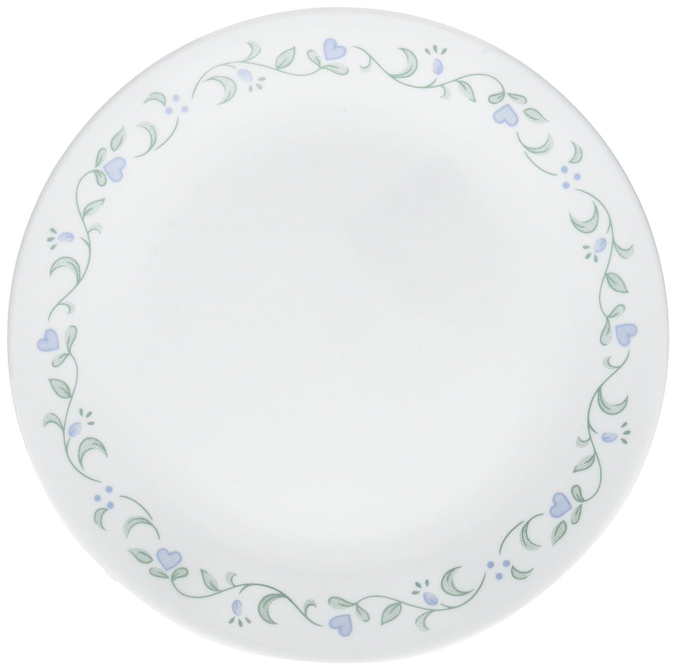 Corelle Livingware Country Cottage 8.5-inch lunch plate; periwinkle blossoms and green vines on white, durable and versatile