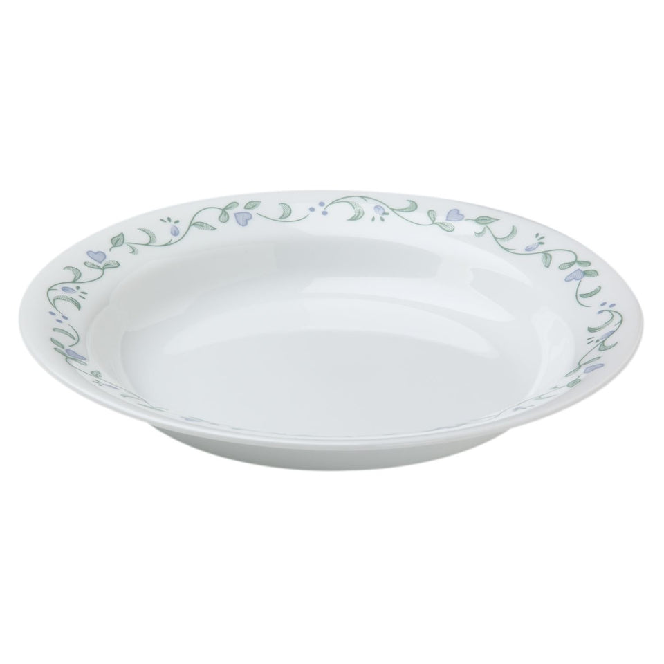 Corelle Livingware Country Cottage bowls with periwinkle blossoms, ideal for everyday soups and salads.