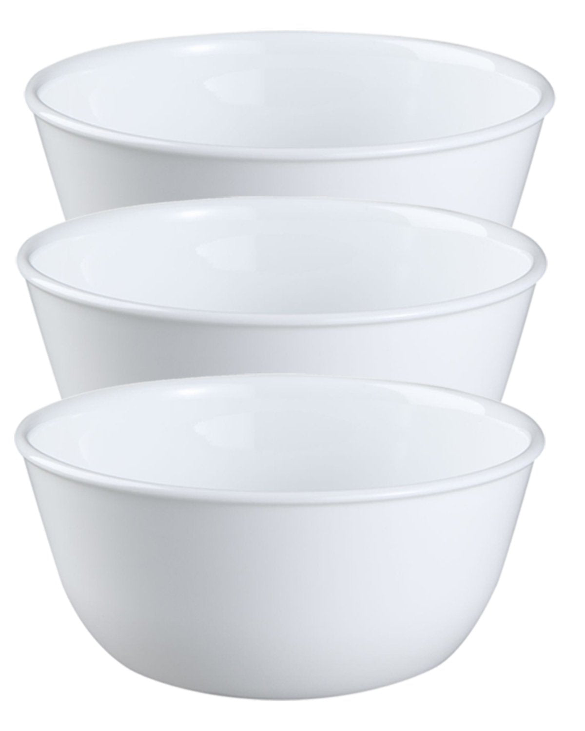 Corelle Livingware Winter Frost White 28oz bowls stacked for space-saving storage