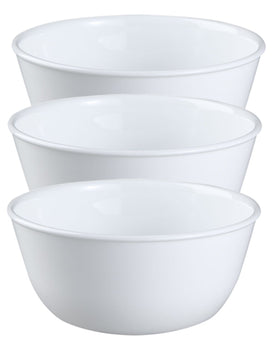 Corelle Livingware Winter Frost White 28oz bowls stacked for space-saving storage