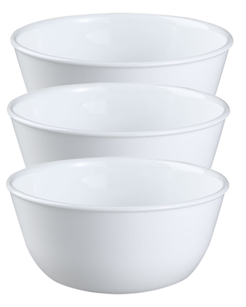 Corelle Livingware Winter Frost White 28oz bowls stacked for space-saving storage