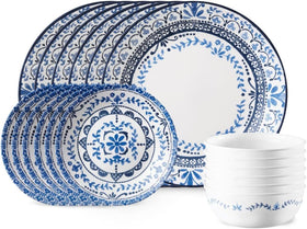 Corelle Portofino dinner plate featuring the blue tile pattern and lightweight durability.