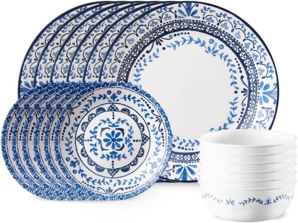 Corelle Portofino dinner plate featuring the blue tile pattern and lightweight durability.