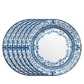 Corelle Portofino dinner plates with blue tile pattern, ideal for everyday meals.