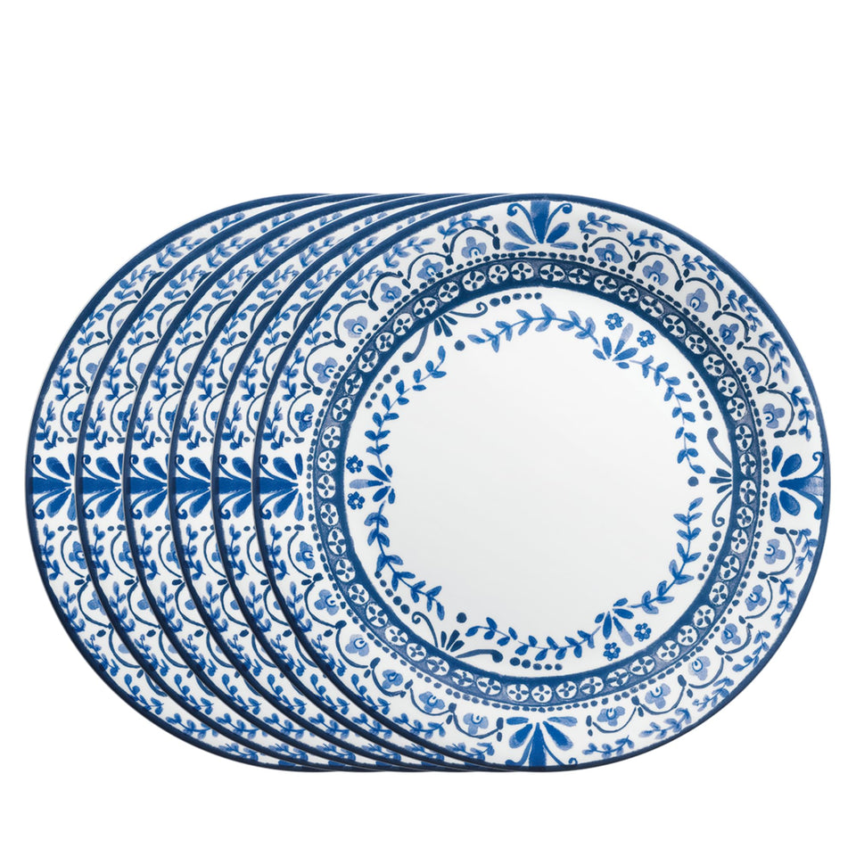 Corelle Portofino dinner plates with blue tile pattern, ideal for everyday meals.