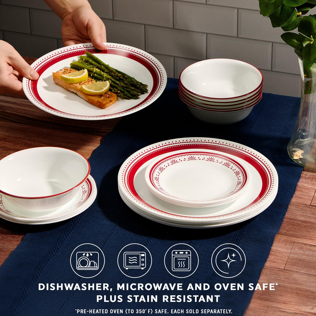 Close-up of Corelle Sadie appetizer plates showing decorative medallions in raspberry.