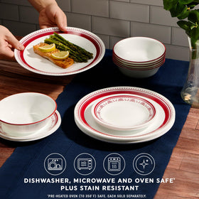 Close-up of Corelle Sadie appetizer plates showing decorative medallions in raspberry.