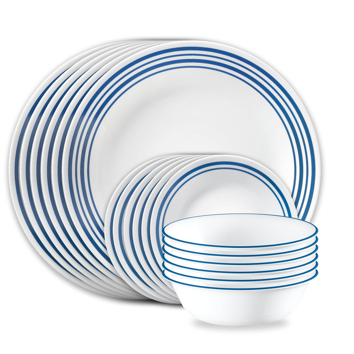 Corelle Vitrelle 18-piece dinner plates with blue band, durable for busy weeknights.