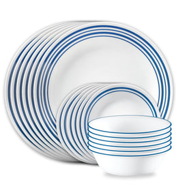 Corelle Vitrelle 18-piece dinner plates with blue band, durable for busy weeknights.
