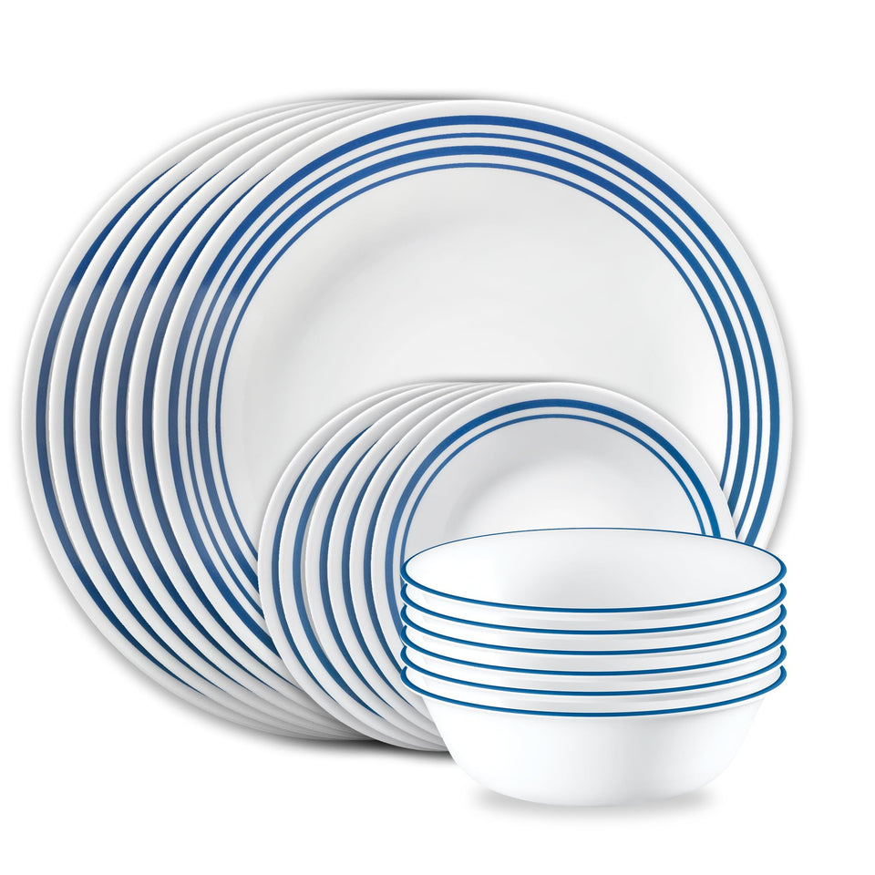 Corelle Vitrelle 18-piece dinner plates with blue band, durable for busy weeknights.