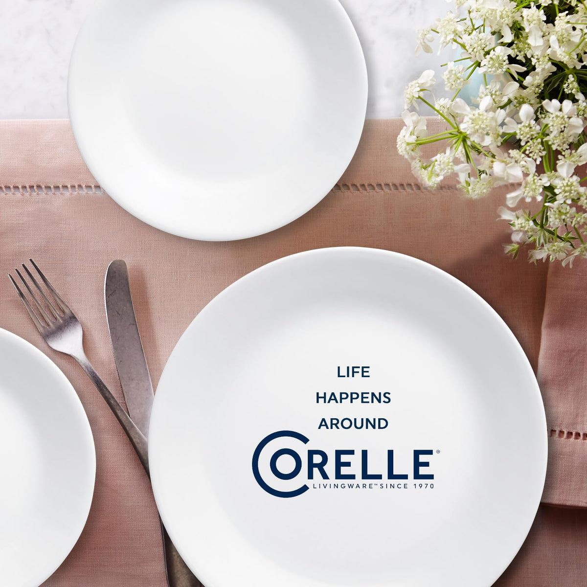 Corelle Vitrelle table setting in Winter Frost White, versatile for any occasion