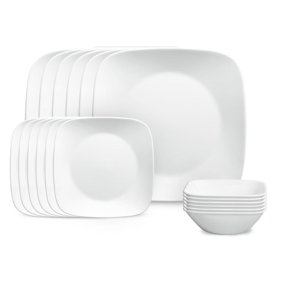Corelle Vitrelle square dinner plates for everyday meals, durable and lightweight.