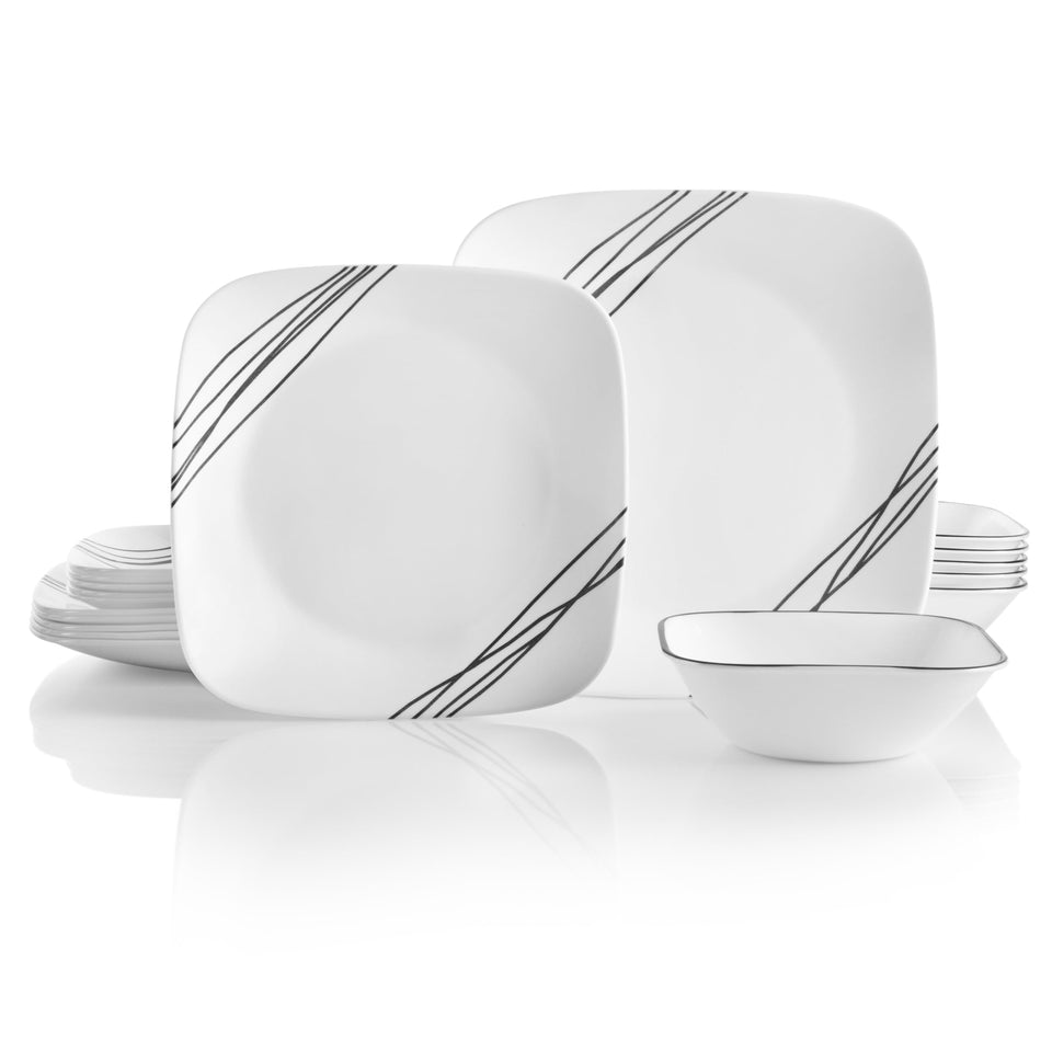 Corelle Vitrelle 18-piece dinner plates on table, showcasing lightweight, space-saving design.