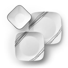 Corelle Vitrelle 18-piece set shown in use, durable chip-resistant finish.