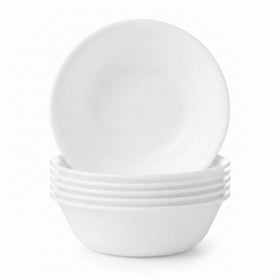 Corelle Vitrelle 6-piece bowl set in Winter Frost White for space-saving storage.
