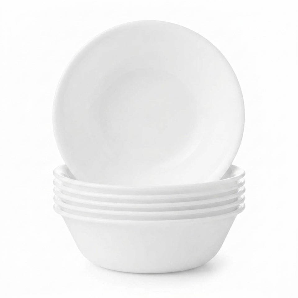 Corelle Vitrelle 6-piece bowl set in Winter Frost White for space-saving storage.