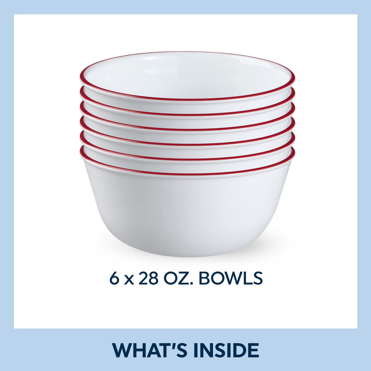 Corelle 28oz red-band bowls stacked neatly for compact kitchen storage.