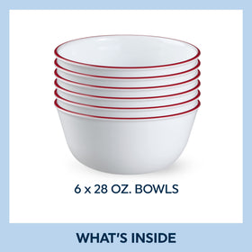 Corelle 28oz red-band bowls stacked neatly for compact kitchen storage.