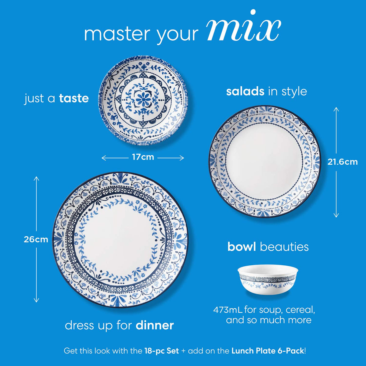Corelle Vitrelle Caspian salad plates stacked, emphasizing durable triple-layer glass.