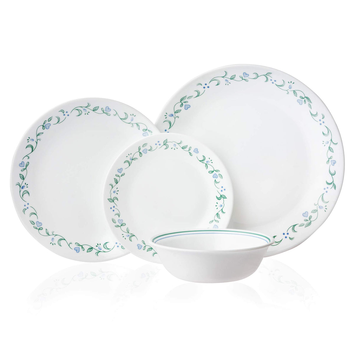 Corelle Vitrelle dinner plates with periwinkle blossoms for elegant everyday dining.