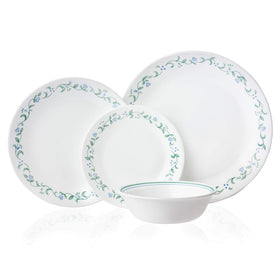 Corelle Vitrelle dinner plates with periwinkle blossoms for elegant everyday dining.