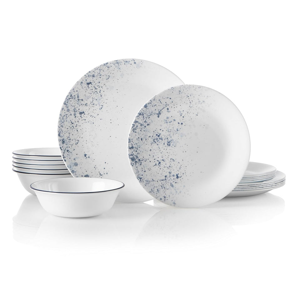 Corelle Vitrelle indigo-speckle dinner plate, chip-resistant for everyday meals.