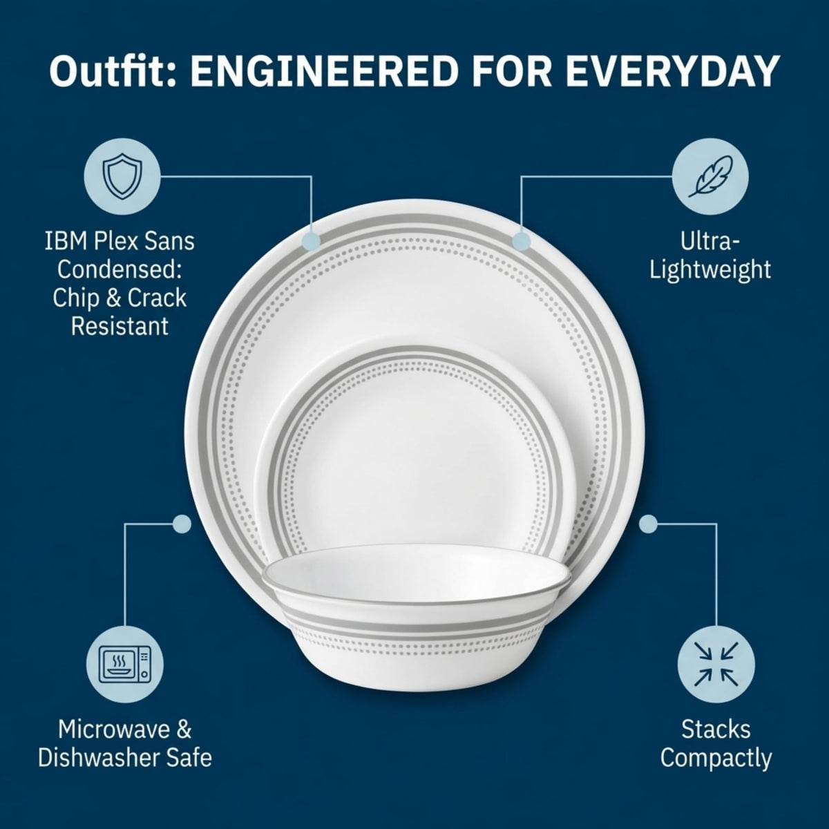 Corelle Vitrelle Mystic Gray tone fits casual and formal tables.