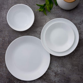 Corelle Vitrelle plates stacked neatly for compact kitchen storage.
