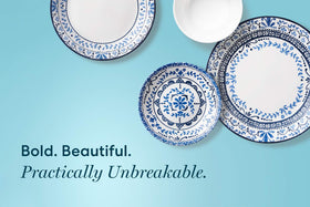 Corelle Vitrelle Portofino pattern close-up showing tile-inspired blue motif.
