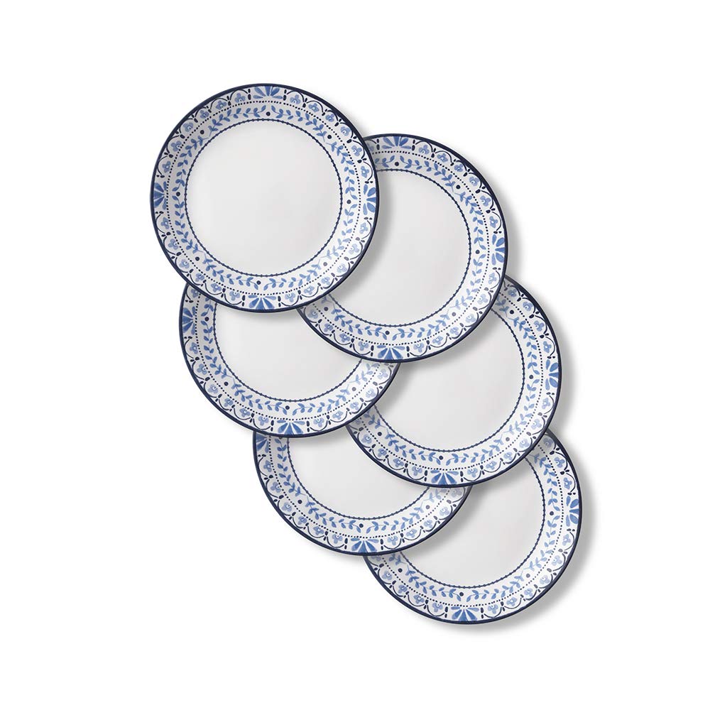 Corelle Vitrelle Portofino salad plates stacked, highlighting lightweight durability.
