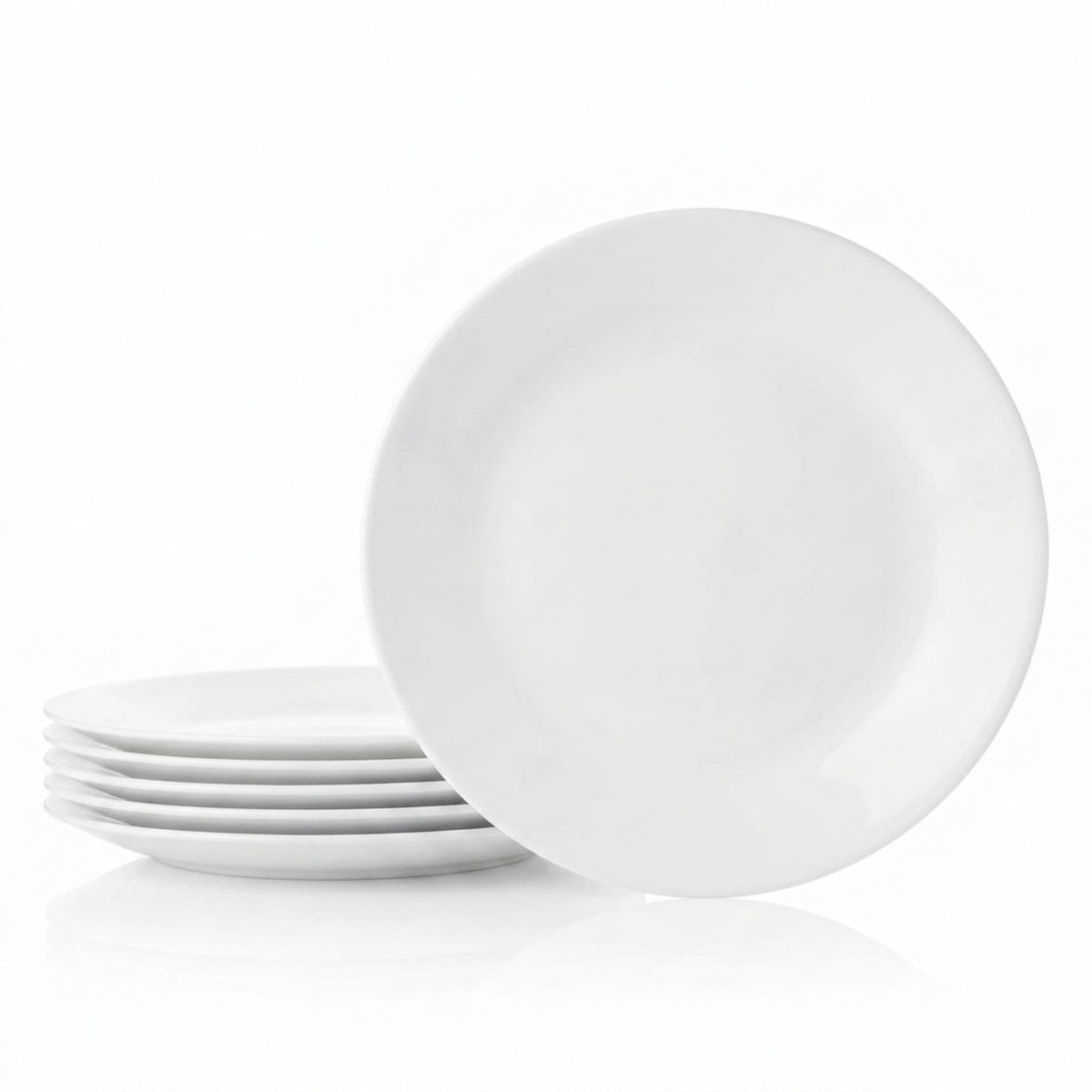 Corelle Vitrelle salad plates stacked for compact storage and easy handling.