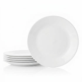 Corelle Vitrelle salad plates stacked for compact storage and easy handling.